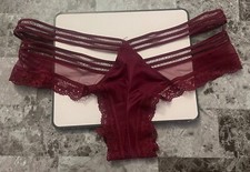VICTORIA'S SECRET M MAROON SATIN SMOOTH STRAPPY LACE MESH RARE CHEEKY PANTIES