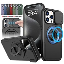 For iPhone 15 Plus 14 13 Pro Magnetic Mag Safe Ring Stand Case with Lens Cover