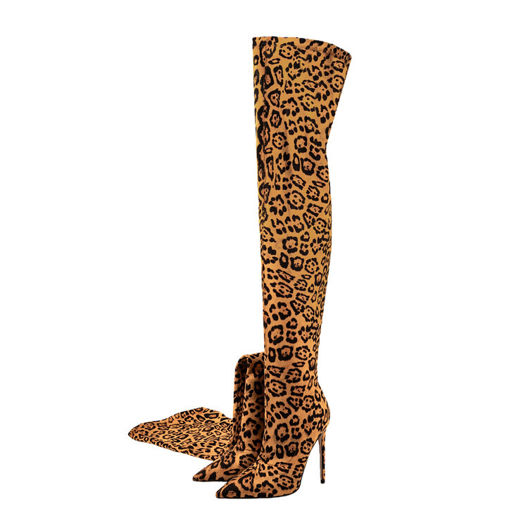 Runway Leopard Print Womens Pointed Toe Over The Knee Boots High