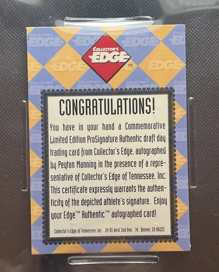 1998 C.E. 1st Place Peyton Manning Jumbo  Auto RC Rookie Commemorative L.E. PSA - Image 4 of 4