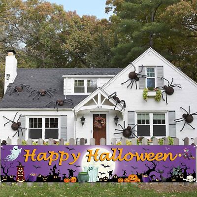 Happy Halloween Banner, Long Fabric Halloween Pumpkin Ghost Moon Trick or 