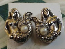 Mermaid Earrings Silver Tone with Faux Pearls for Pierced Ears
