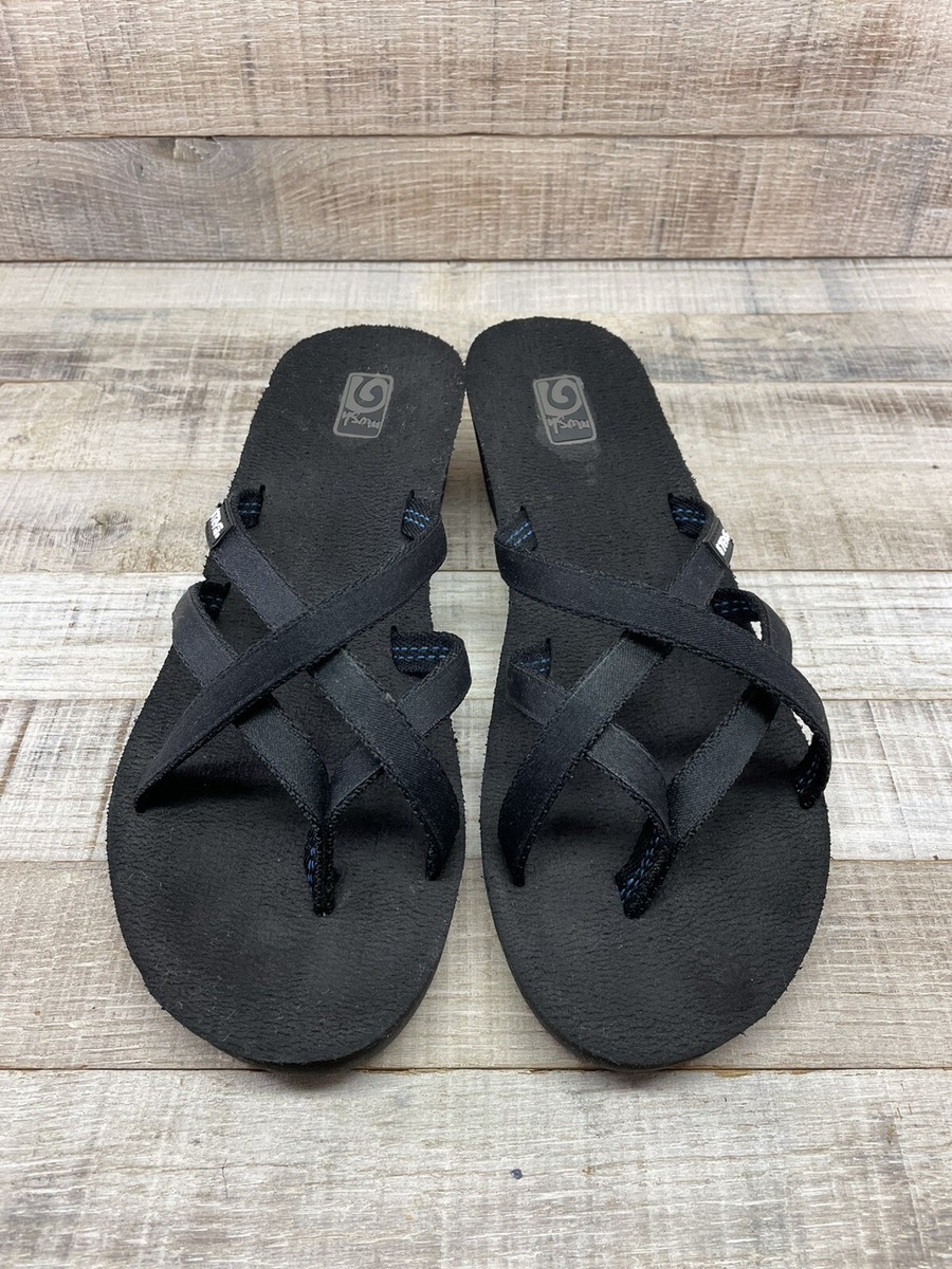 Teva Mush Wedge Heel Black Strappy Flip Flops Toe Loop Sandals