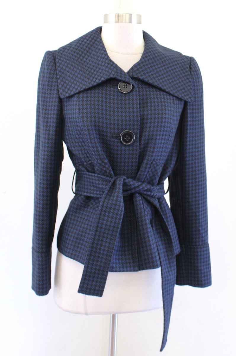 Tahari Levine Isabella Demarco Black Navy Houndstooth Tie Waist Blazer  Jacket