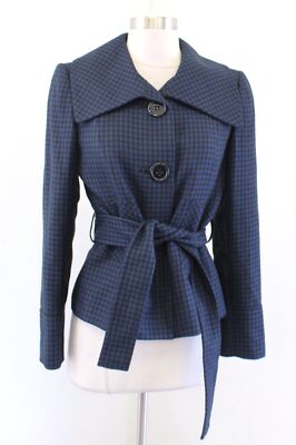 Tahari Levine Isabella Demarco Black Navy Houndstooth Tie Waist Blazer  Jacket