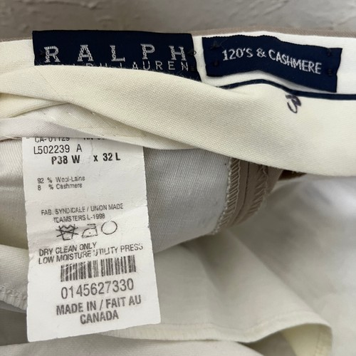 Ralph Ralph Lauren Pants Mens 38x32 Beige 120s & Cashmere Pleated Cuffed - Picture 4 of 17