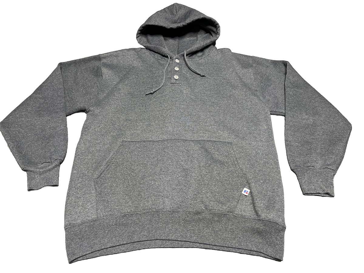 Vintage 80s 90s Russell High Cotton Henley Hoodie Gray XL Made In 