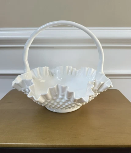 Vintage Fenton Milk Glass Hobnail Handled Ruffled Edge Basket
