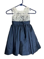 Lanting Bride Girls Dress Navy White Lace Special Occasion Dress Sash Size 4 EUC