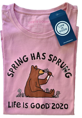 Life Is Good SS Shirt Crusher Tee SPRING HAS SPRUNG Bear Pink Chest43in Womens L