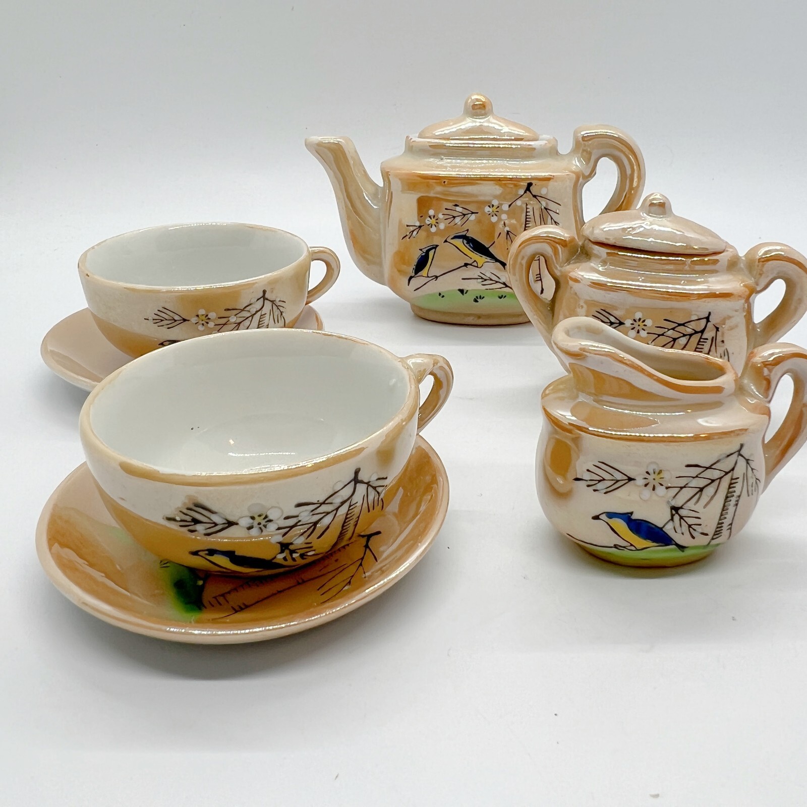 Children's Lusterware Tea Set for Two Hand painted Blue Birds Made