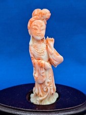 FINE ANTIQUE ASIAN CARVED RED SALMON CORAL SCULPTURE, KWANYIN or GUANYIN LADY