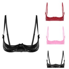Women Glossy Patent Leather 1/4 Cups Bralette No Padded Underwire Shelf Bra Tops