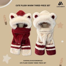 Bear ears hat scarf one woman winter plush cute cycling thickened warm bib glove