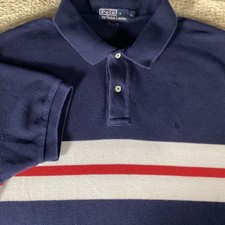 Polo Ralph Lauren Men XL Navy Blue Bold White Red Chest Stripe Polo Shirt