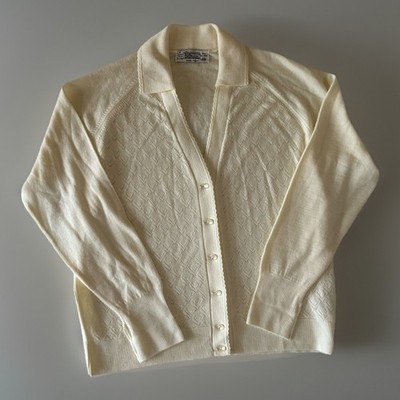 Tekau Vintage New Zealand Wool Pointelle Cardigan Button Front  Ivory Large