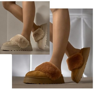 Damen Plateau Kunstfell gefütterte Slipper Pantoletten Indoor Outdoor Clog Slipper Größen