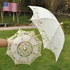 1xWomen White Beige Parasol Bridal Embroidered Lace Umbrella Wedding Party Props