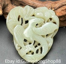 2" Old Chinese Hetian Jade Carving Dynasty Palace Phoenix Flower Pendant