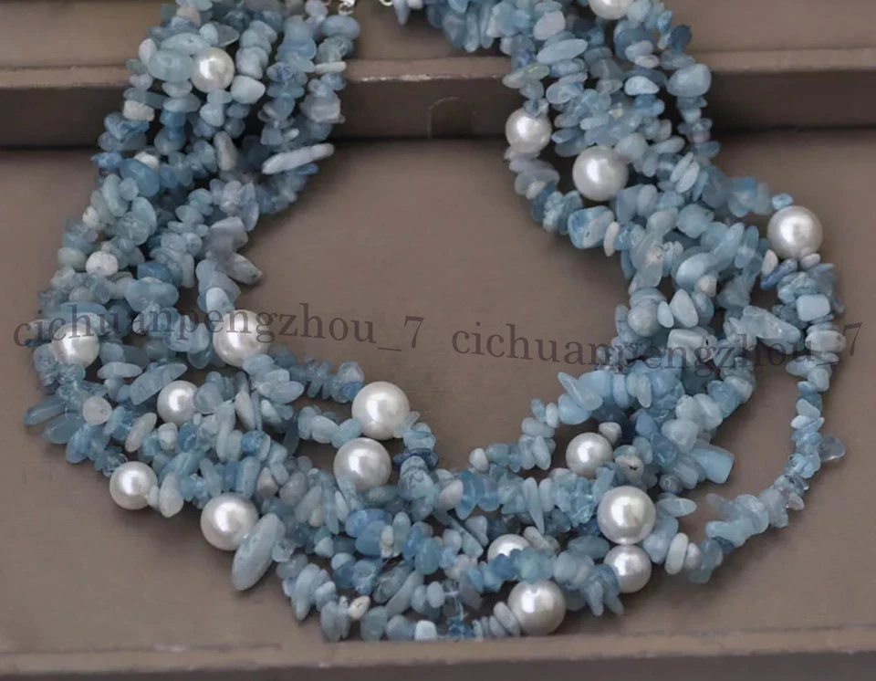 Collar de 6 filas de perlas blancas redondas con astillas de aguamarina natural de 18"" Foto 3 de 4