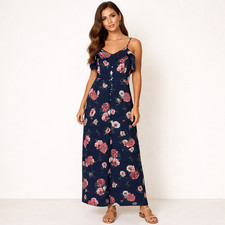 Altar'd State Floral Maxi Sundress Womens Size M Navy Ruffle Boho Button Top