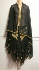 Vintage Belly Dance 3 Pc Black Gold Costume- Layered Skirt Coin Hip Wrap Scarf