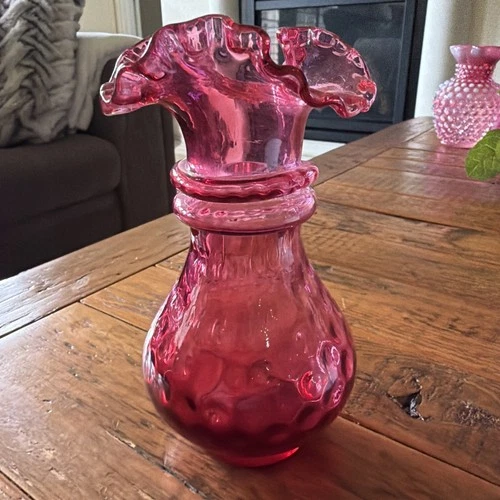 Vintage Fenton Cranberry Optic Coin Dot Ruffled Edge Crimped Glass Vase 6”