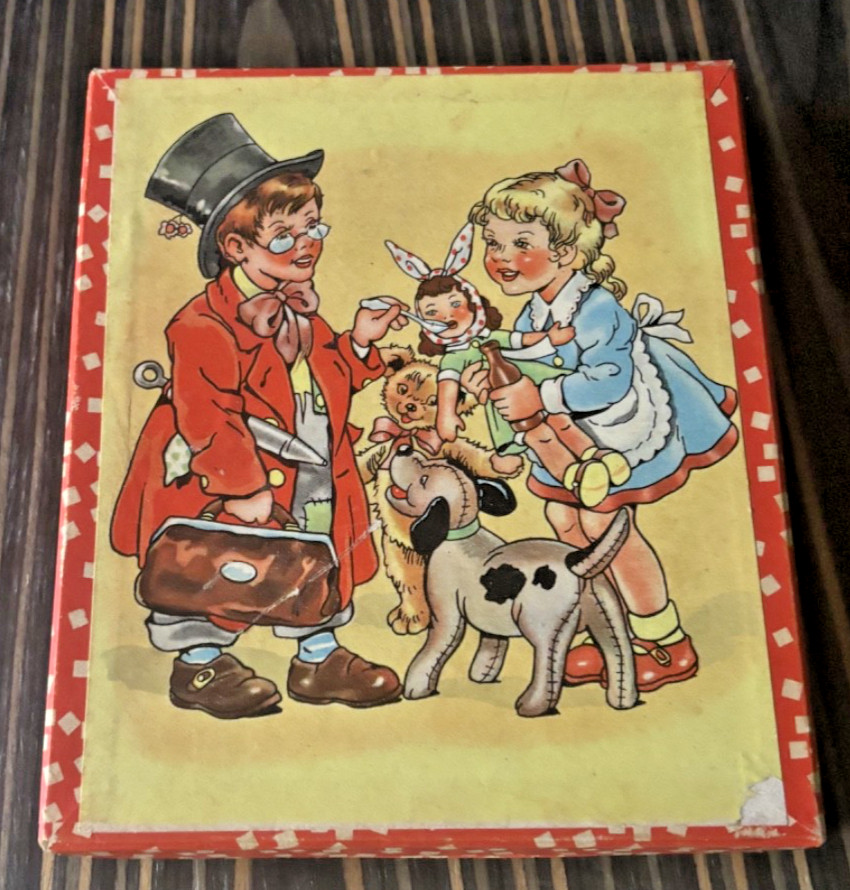 Antique wooden block puzzle box with lithographed picture blocks.