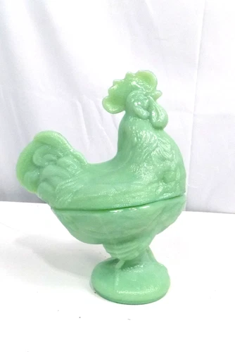 Green Jadeite Glass Depression Style Rooster Chicken Candy Dish, Vintage, Hen