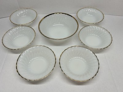 Vintage Fire King Swirl White Milk Glass Gold Trim Berry Fruit Bowl Set Of 7