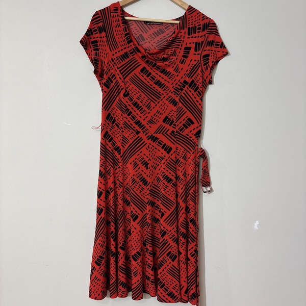 Basque Fit & Flare Midi Dress With Belt Women's Sz 10 Jersey Cowl Neck Career