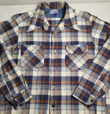 Vtg Pendleton Woolen Mills Board Shirt Plaid 60s 70s USA MADE Wool Loop Collar L