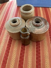 Victorian stoneware ink bottles x 3. 2 Pork Pie Variety + small apothecary