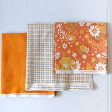 Lot of 3 Orange Floral Plaid Quilting Cotton Fabrics 1yd 12", 1yd, 17"