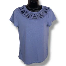 Small Simply Styled Blue Linen Blend Short Sleeve Top Embroidered Neckline