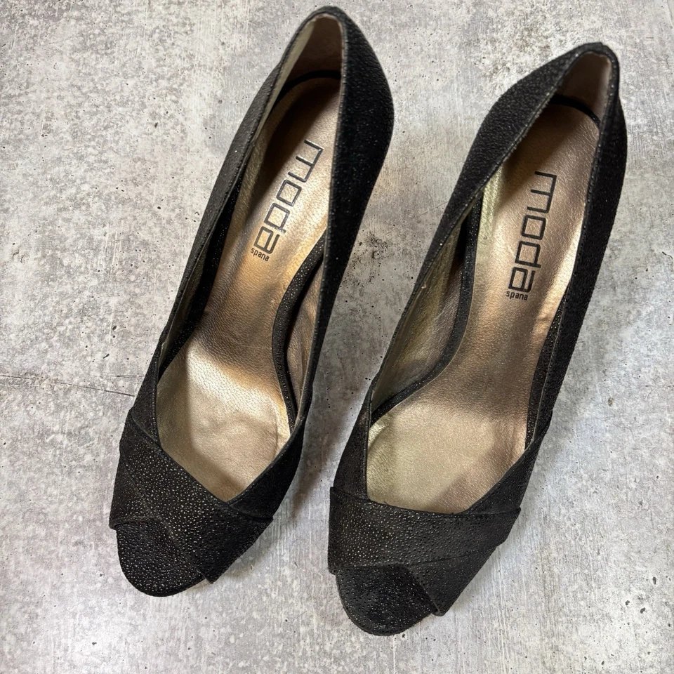 Zapatos de salón Moda Spana negros punta abierta tacón alto para mujer talla 9M zapatos de vestir fiesta Foto 2 de 4