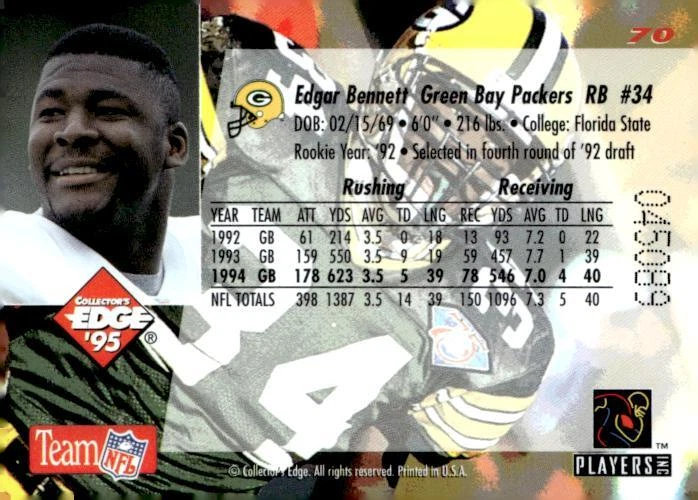 1995 Collector's Edge #70 Edgar Bennett - Image 2 of 2