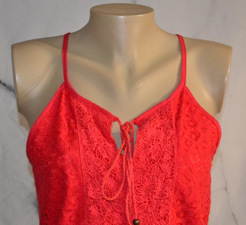 SOLITAIRE Red Lace Sleeveless Top Small Lined Eyelash Hem Tassel Ties at Bust - Picture 2 of 9