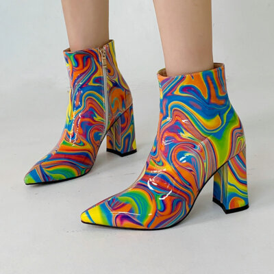 Women Rainbow Color Short Boot Pu Leather Pointed High Heel Zipper