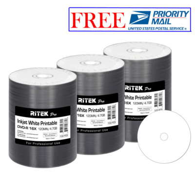 300 Pack Ritek Pro DVD-R 16X 4.7GB White Inkjet Hub Printable Blank Media Disc