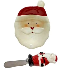 Christmas Santa Ceramic Dish & Spreading Knife for Serving Cheese Ball or Dip