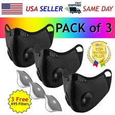 (Pack 3) Cycling Sport Face Mask Reusable Dual Valve W/ PM2.5 Carbon Filter 
