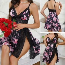 Womens Sexy Lingerie Lace Babydoll Mini Dress Langerie Nighty Side Split Chemise