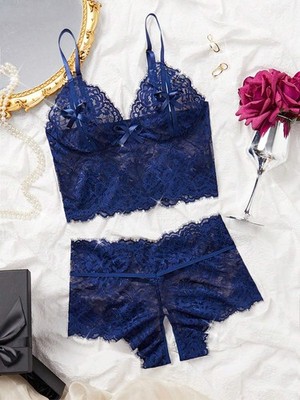 Elegant floral lace lingerie set in navy blue 2 piece for women cheap24