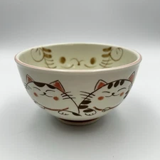 Kafuh Mino Ware Japanese Ceramic Ramen Rice Bowl 5" Smiling Cats Lucky Pink 