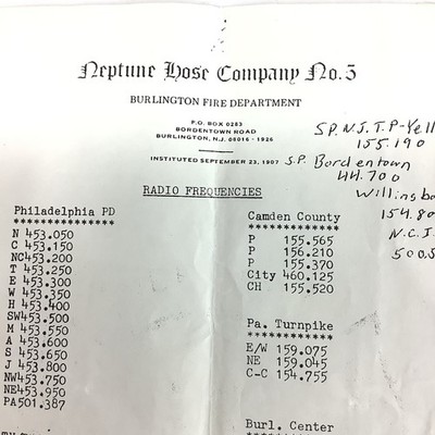 Burlington NJ Fire Department Radio Frequency Sheets 1960s Pre-Digital VHF List