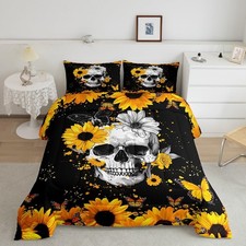 Sunfloral Skull Bedding Set Sunflower Butterfly Skull Comforter Set Gothic Sk...