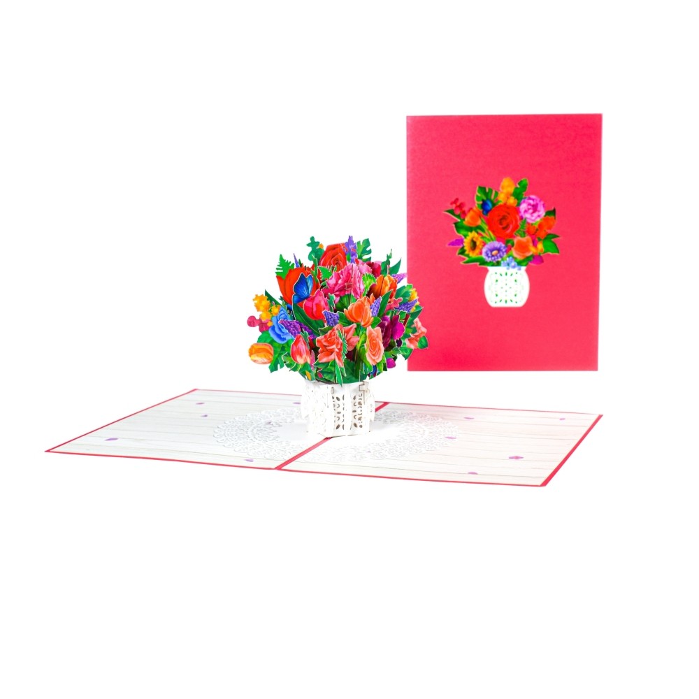 Roses Lace Bloom 3D Vase Bouquet Pop-Up Greeting Card