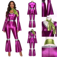 US Womens 80s Disco Dance Cosplay Costumes Metallic Flared Jumpsuit with Scarf