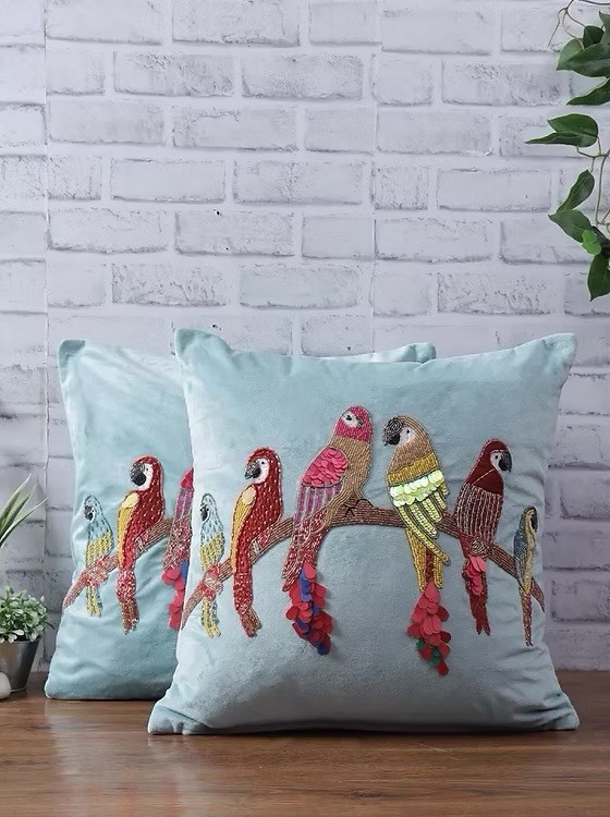 Beaded Birds Velvet Cushion Covers Ethnic Embroidered Indian